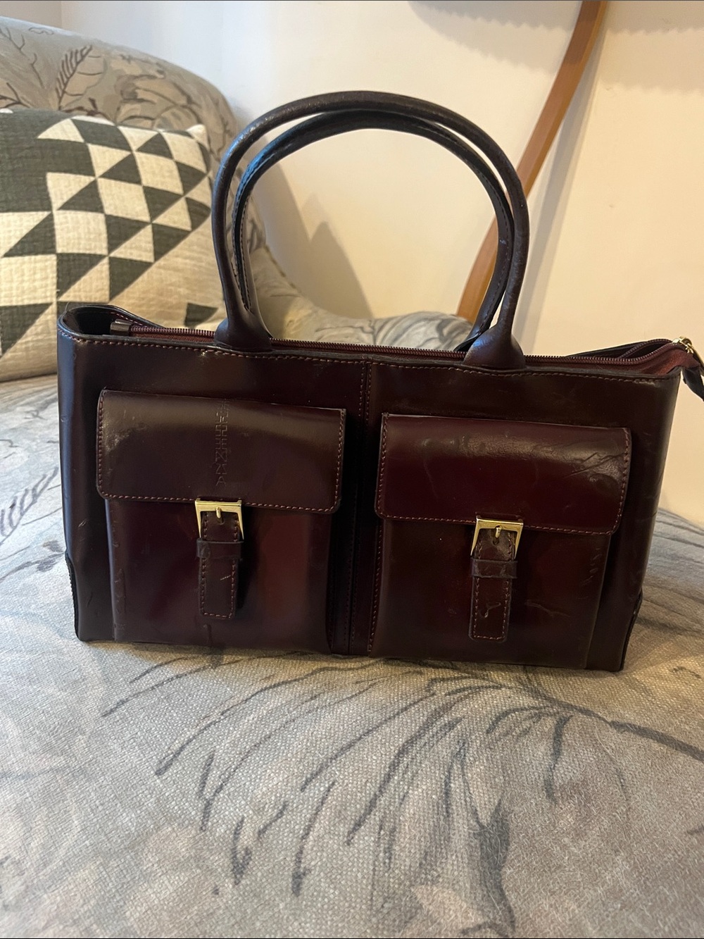 Arcadia Leather Tote in Dark Burgundy with Front Buckle Pockets